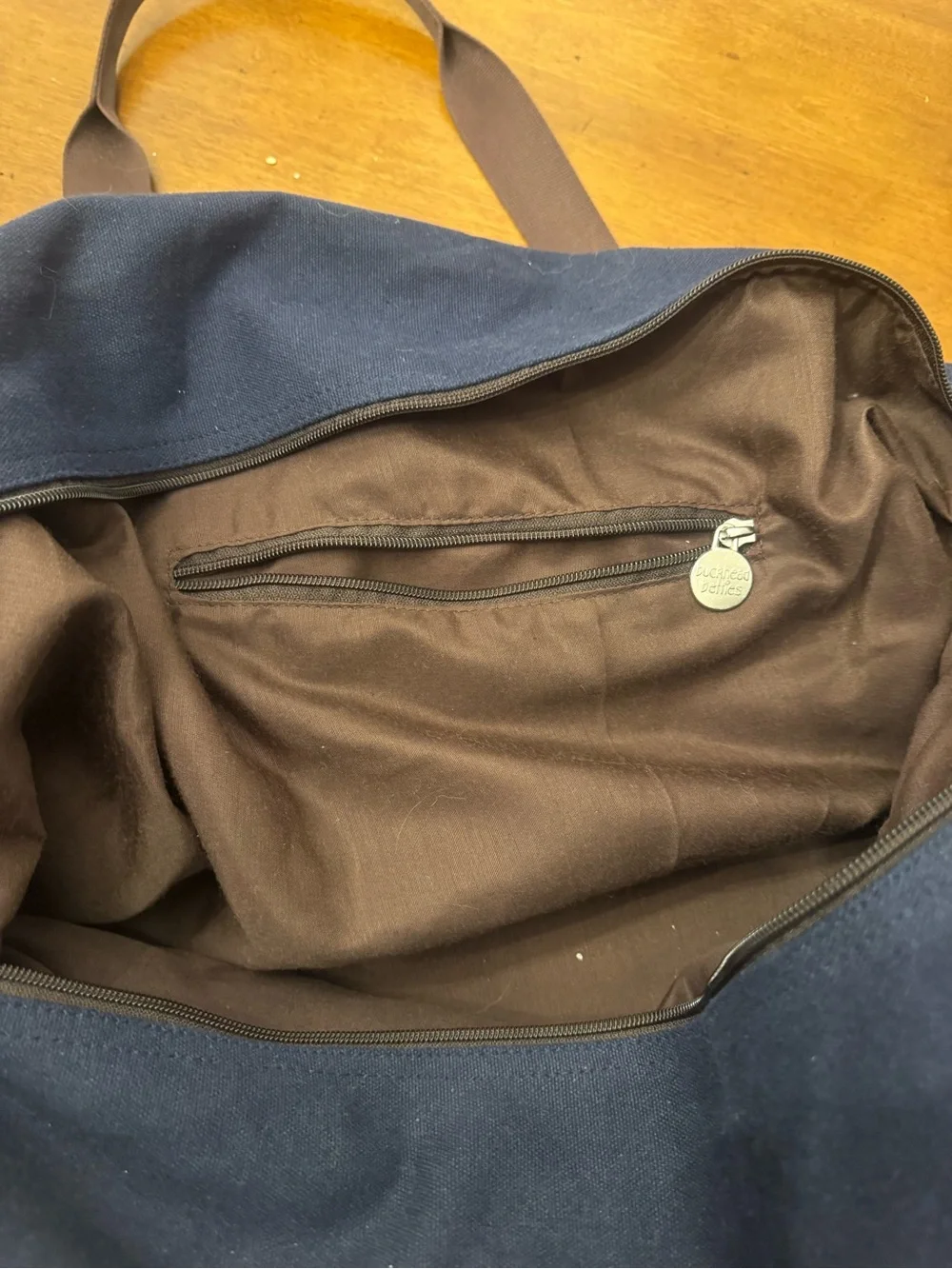 Classic Navy Canvas Duffel Bag with Brown Trim